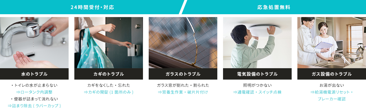 24時間対応、応急処置無料。 水のトラブル、カギノのトラブル、ガラスのトラブル、電気設備のトラブル、ガス設置のトラブル