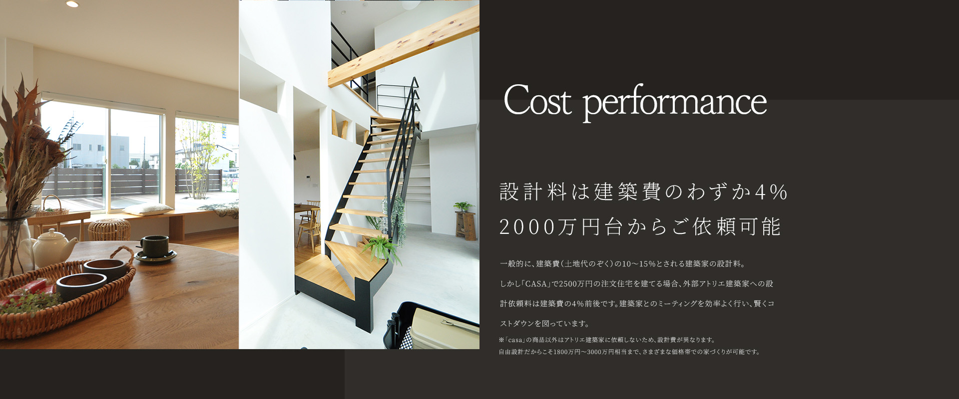 Cost performance 設計料は建築費のわずか4％2000万円台からご依頼可能